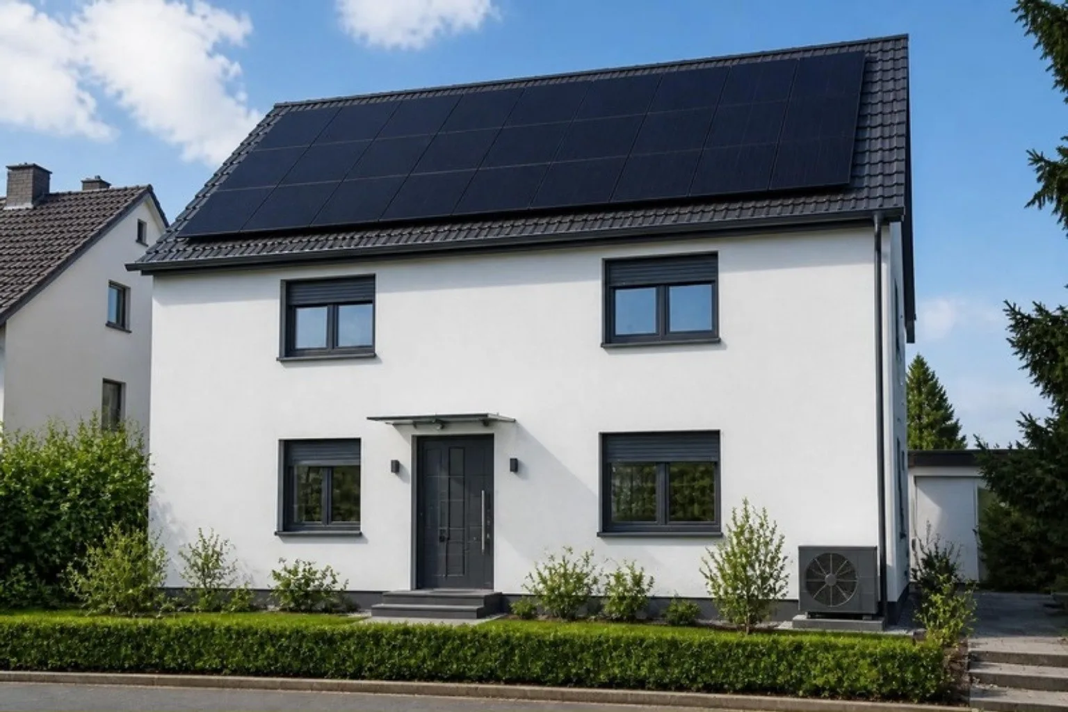 Dasselbe Haus nach dem Sanierungssprint: gedämmte helle Fassade, Dreifachfenster, Photovoltaik und Wärmepumpe